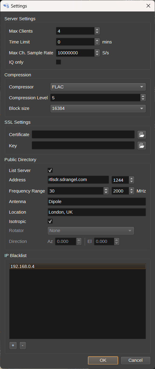 Remote TCP sink Settings Dialog