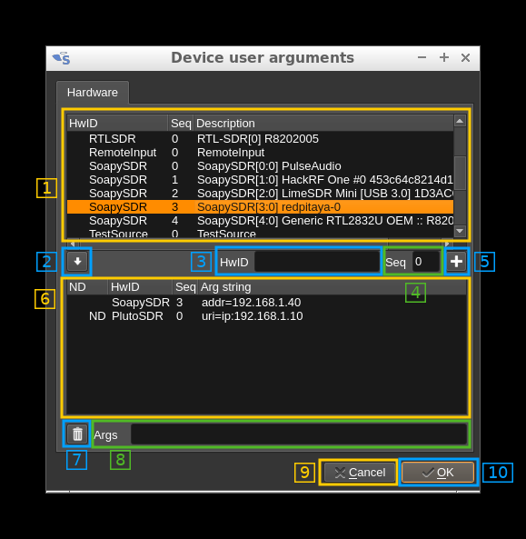 Device user arguments dialog