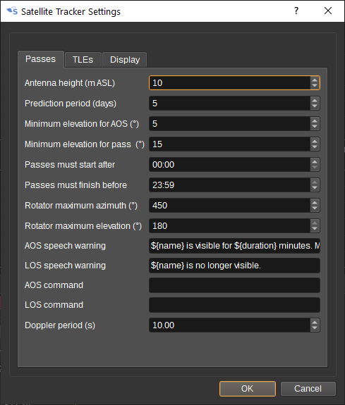 Satellite tracker settings dialog