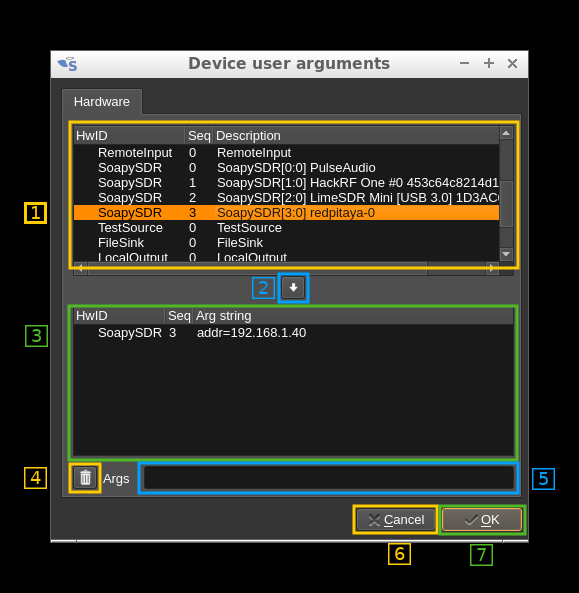 Device user arguments dialog