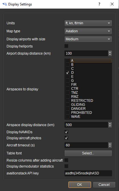 ADS-B Demodulator display settings