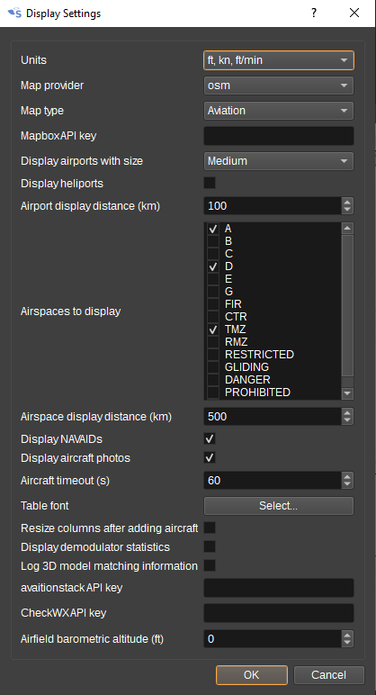 ADS-B Demodulator display settings