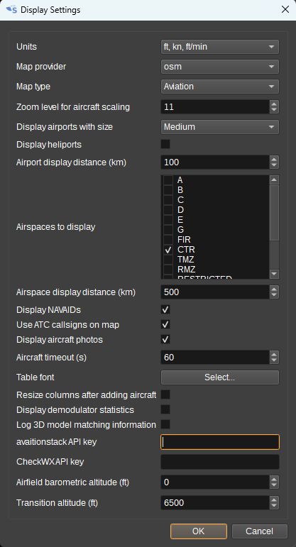 ADS-B Demodulator display settings