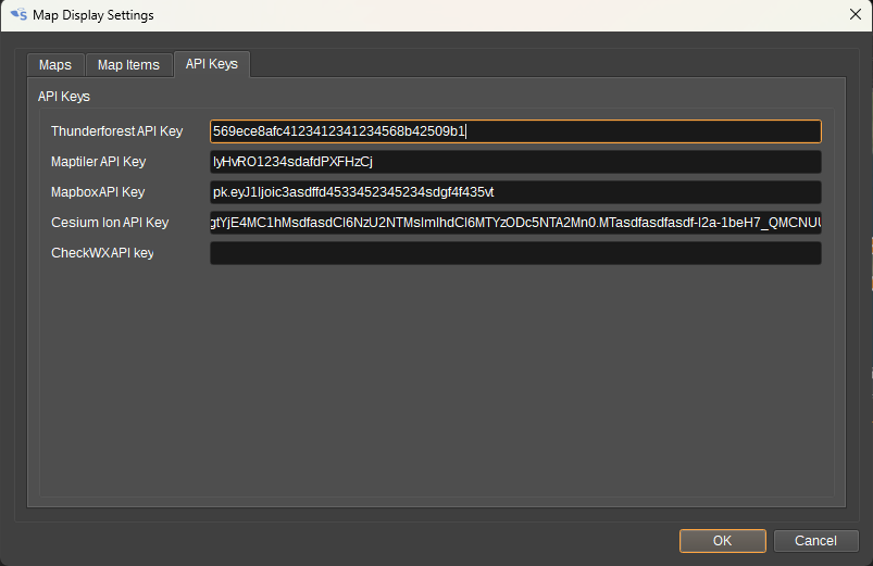 Map Display Settings Dialog API Keys Tab