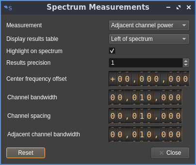Spectrum Measurements dialog - adjacentchannel power