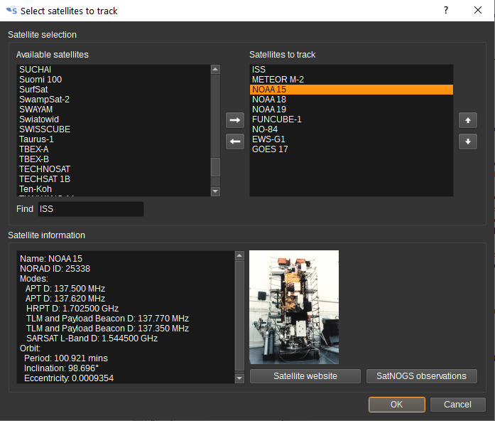 Satellite Selection dialog