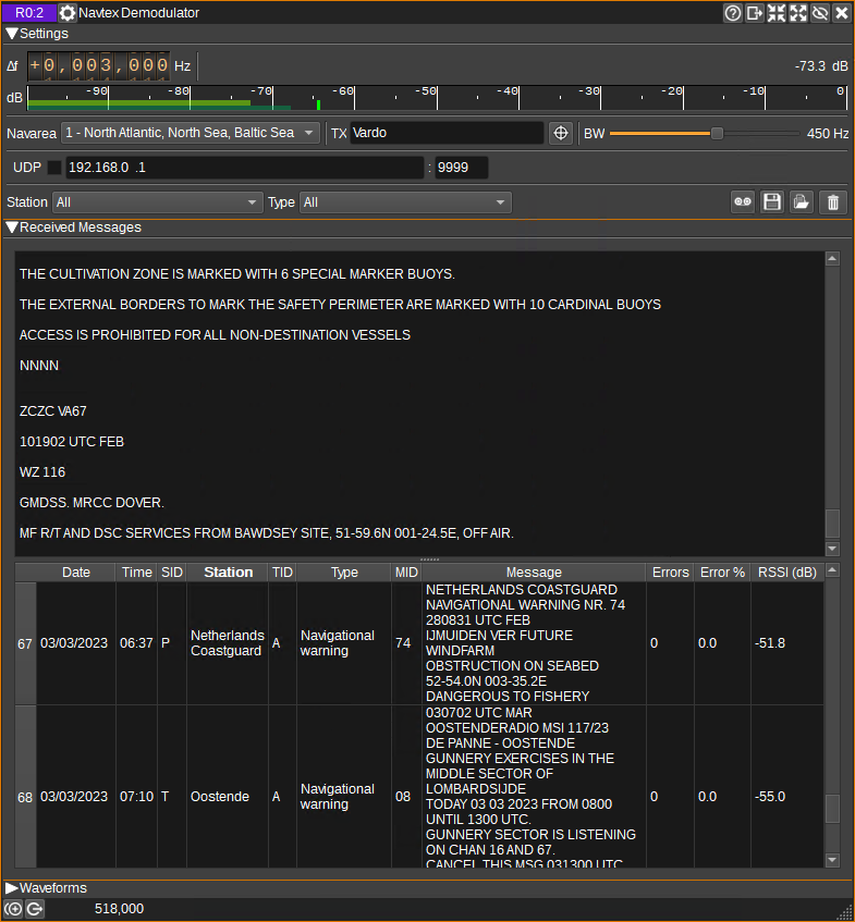 Navtex Demodulator plugin GUI