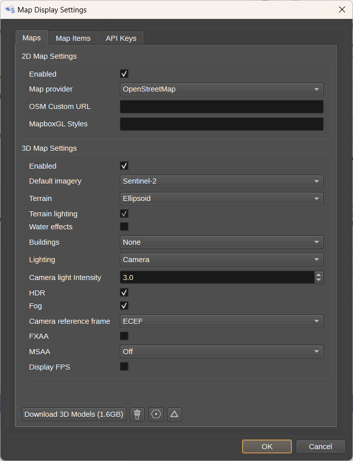 Map Display Settings Dialog Maps Tab